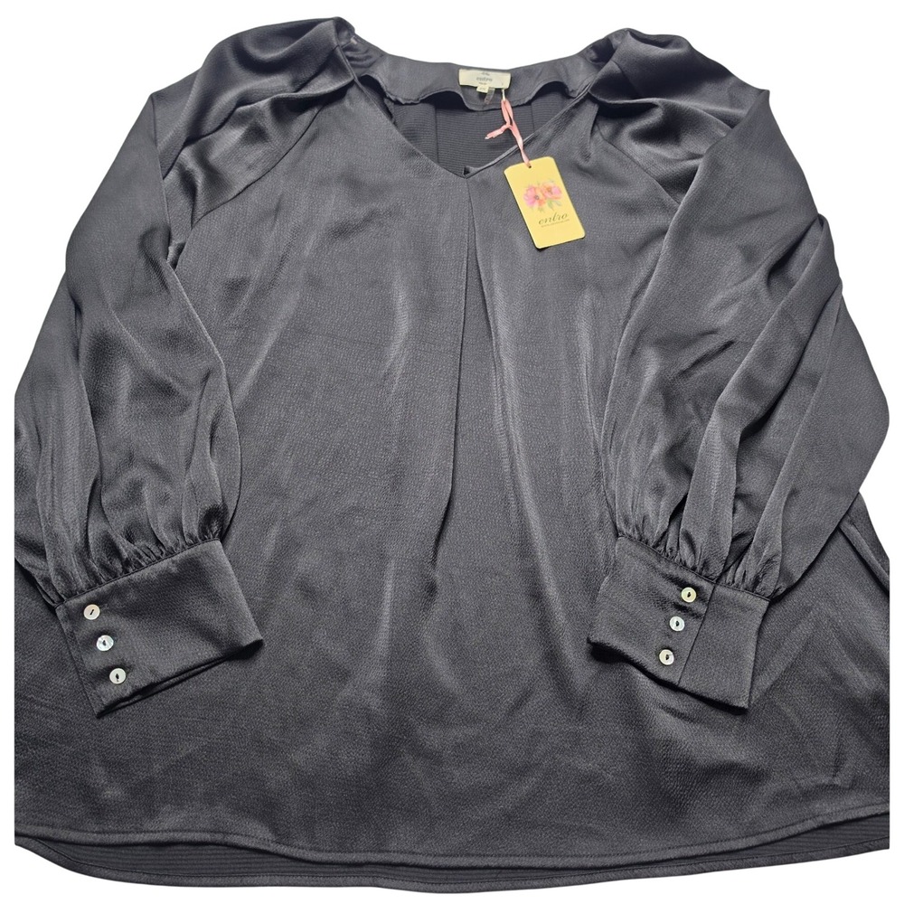 Entro Black Satin V-Neck Balloon Sleeve Blouse Top 2X T18854P NWT